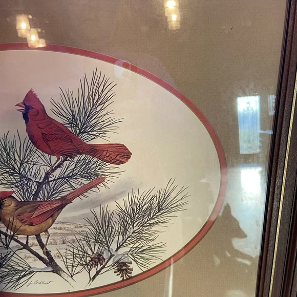 Vintage J Lockhart cardinal bird framed art, winter, Christmas decor